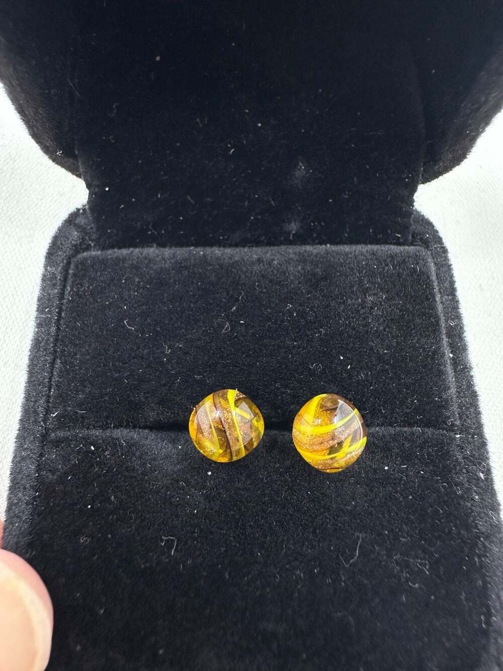 Murano Style Art Glass Swirl Stud Earrings in Amber and Yellow
